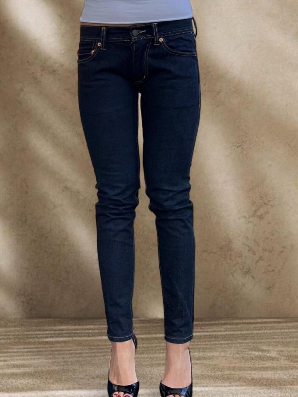 W28 Dark wash low rise skinny jeans Y2K indie slim fit denim copper stitch A|X